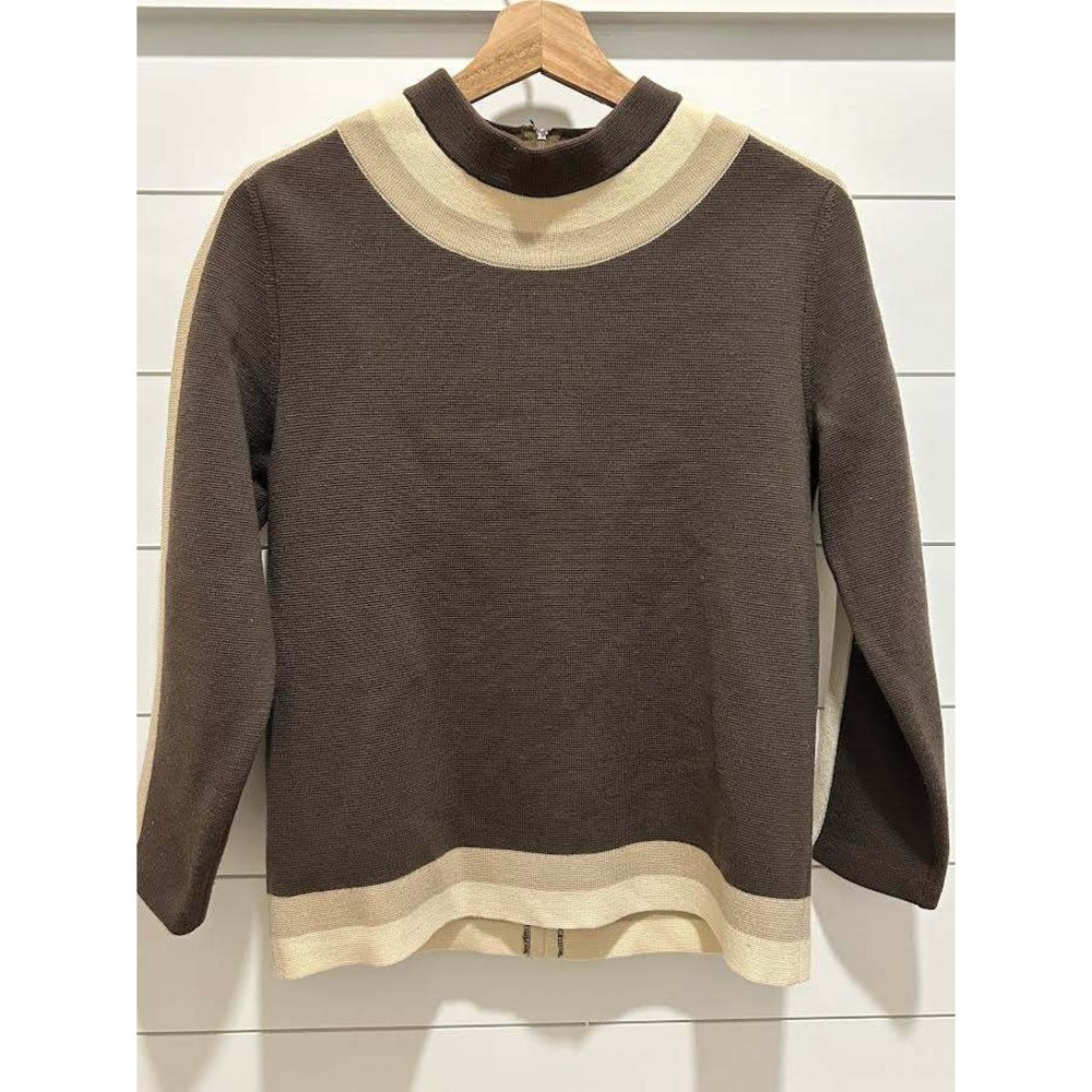Vintage Puccini Wool Sweater Brown Cream Mock Neck Back Zip Hong Kong Sz 8 *